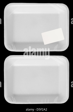 Wrapped empty plastic white food container with blank label isolated Stock Photo