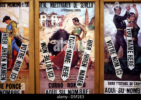 Bull fighting posters for sale in a souvenir shop in Andalusia southern Spain Stock Photo