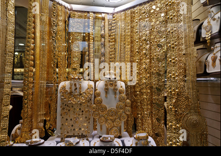 Handcraft Gold jewelry on sale, Dubai Gold Souk, United Arab Emirates. Stock Photo