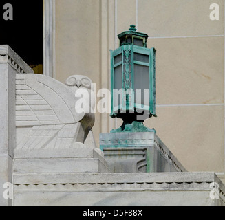[Exterior view. South entrance (Independence Avenue), sculpted stairway with stylized owl and elaborate lamp. Library of Congress John Adams Building, Washington, D.C.] (LOC) Stock Photo