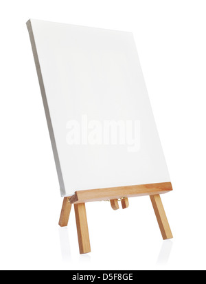 wooden easel with blank canvas isolated on white background Stock Photo
