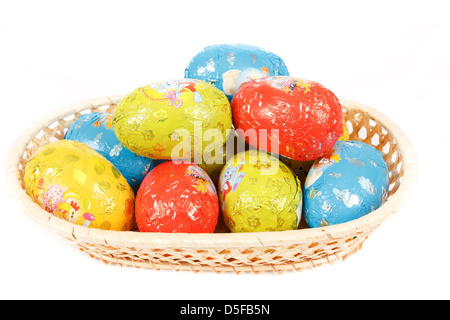 easter chocolate eggs in a basket isolated on white Stock Photo