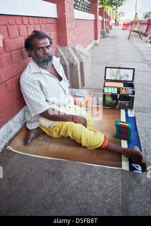Parrot fortune teller sitting at roadside, Chennai, Tamil Nadu, India Stock Photo