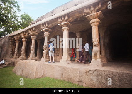 Tourists at Arjuna's Penance, Mahabalipuram, Kanchipuram District, Tamil Nadu, India Stock Photo