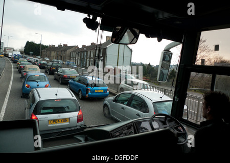 Arriva Trains Replacement Bus transporting passengers from Llanelli to bypass work on track at Loughor approaching Swansea Wales Stock Photo