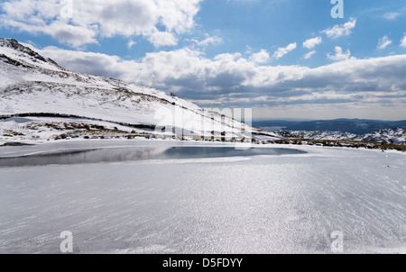 Alcock Tarn partially frozen near Grasmere Lake District Cumbria England UK Stock Photo