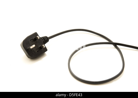 Black electrical UK wire and plug with 3 pins Stock Photo