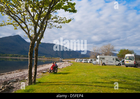 Caravans, Loch Linnhe at Onich, looking to Ardgour, Highland Region, Scotland, UK Stock Photo
