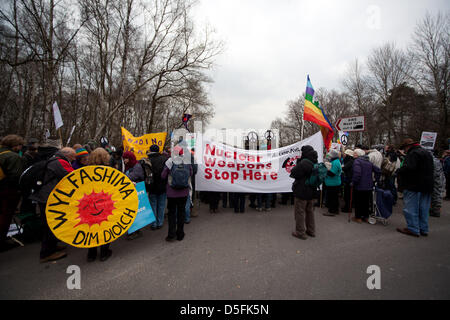 Aldermaston, Berkshire, UK. Monday 1st April 2013.  A large group of protestors gathered at the various entrances for the Atomic Weapons Establishment, Aldermaston, to protest against Britain’s nuclear weapons system. Credit: Nelson Pereira / Alamy Live News Stock Photo