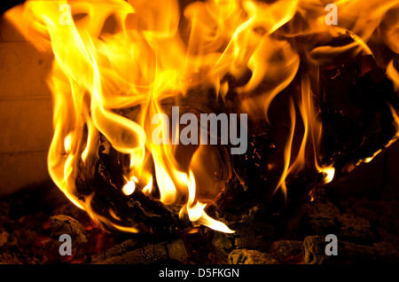 Close-up view of fire and flames in a woodstove Stock Photo