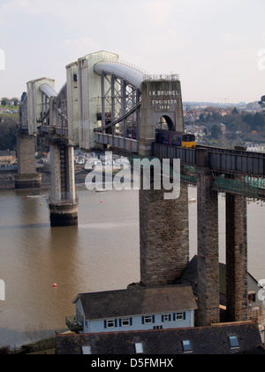 Isambard Kingdom Brunel's Royal Albert bridge of 1859 under repair, spanning the River Tamar, UK 2013 Stock Photo