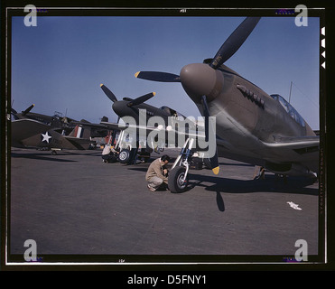 P-51 ('Mustang') fighter planes being prepared for test flight at the field of North American Aviation, Inc., plant in Inglewood, Calif. (LOC) Stock Photo