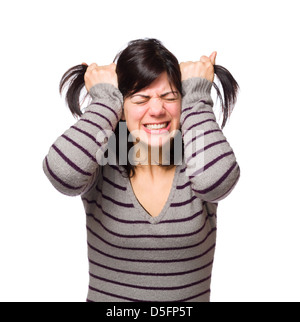 Young woman pulling her hair isolated on white background Stock Photo