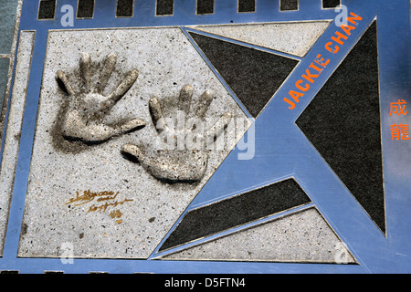 Jackie Chan hand prints and autograph in Avenue of the Stars, Hong Kong Stock Photo