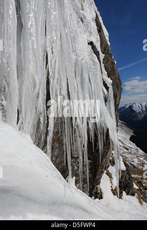 Beinn Luibhean, UK. 1st April, 2013. Huge icicles on Beinn Luibhean beginning to melt after an extremely cold March 2013. Beinn Luibhean is off the A83 near the Rest and be Thankful, and about an hour from Glasgow. Stock Photo