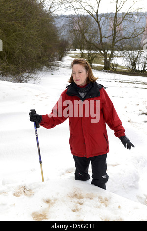 Woman walking through deep snow drift in winter Britain Uk 2013 severe weather harsh winters dog walker Stock Photo