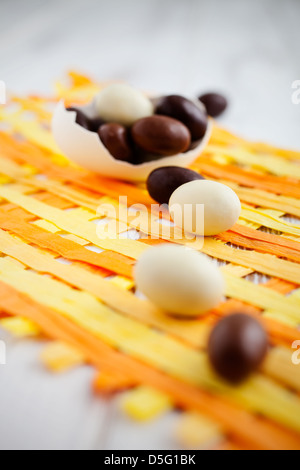 White, dark and milk chocolate easter eggs Stock Photo
