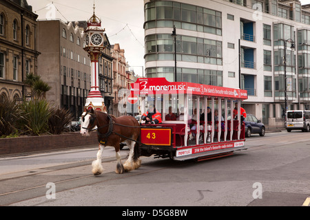 Isle of Man, Douglas, Loch Prom, horse drawn tram passing the Victorian Jubilee Clock Stock Photo