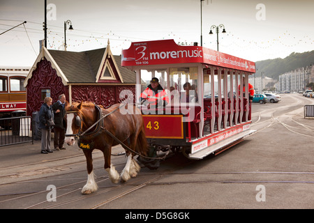 Isle of Man, Douglas, horse drawn tram arriving at Derby Castle, Electric Railway terminus Stock Photo
