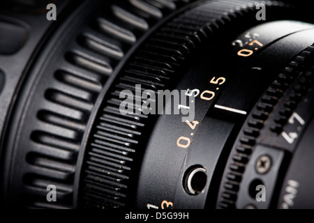 Close-up of Focus Ring on a Television Camera Lens. Stock Photo
