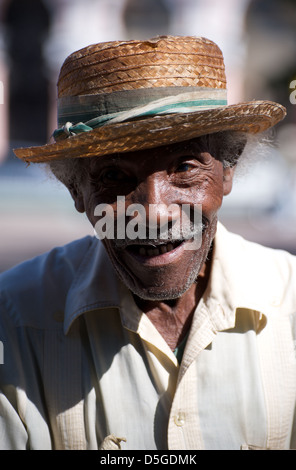 Close up picture of old cuban man with straw hat in Cuba Stock Photo