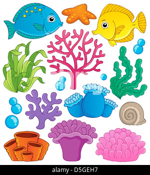 Collection of coral reef tropical fishes including clown fish and ...