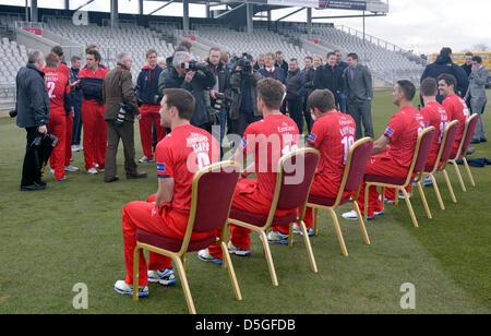Manchester, UK. 2nd April 2013. Lancashire County Cricket Club players in the Friends Life t20 kit sit for the photographers to take individual head and shoulders shots at the 2013 Media Day and Photocall. Emirates Old Trafford, Manchester, UK  02-04-2013. Credit: John Fryer / Alamy Live News Stock Photo