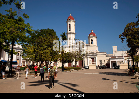 Parque Jose Marti and the cathedral Cathedral de la Purisma Concepción in Cienfuegos, Cuba, Caribbean Stock Photo