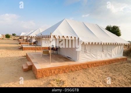 Tent camping site hotel for tourist in the thar desert under blue sky Stock Photo