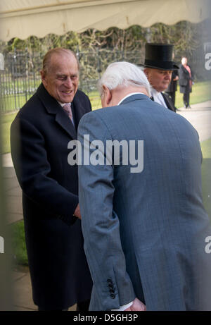 Cambridge, UK. 2nd April 2013. Prince Philip and Sir David Attenborough at the Senate House in Cambridge U.K  today  at the launch of the Cambridge conservation Initiative. Credit: JAMES LINSELL-CLARK / Alamy live News Stock Photo