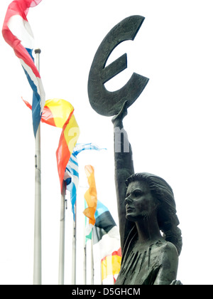 Bronze sculpture of the Goddess Europa holding up a Euro currency symbol. Brussels, Belgium Stock Photo