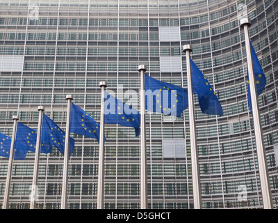 European Union flags in front of the Berlaymont building of the European Commission in Brussels, Belgium
