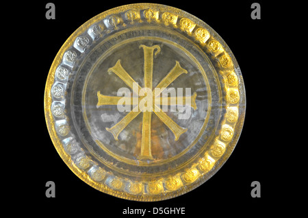A large gold and silver communion plate, used for mass Stock Photo