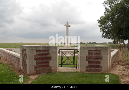 Entrance gate and the Cross of Sacrifice in Morval British Cemetery, Pas de Calais, Picardy, France. Stock Photo