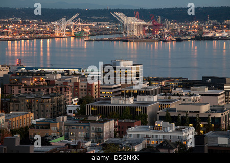 A view of Seattle Port over Belltown neighborhood. Stock Photo