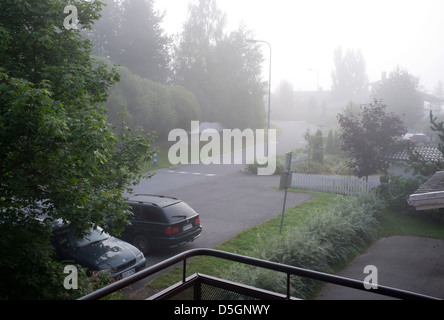 Foggy morning at Finnish suburb , Finland Stock Photo