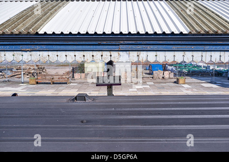 The roof of a train and Truro Sign in Truro Railway Station Stock Photo