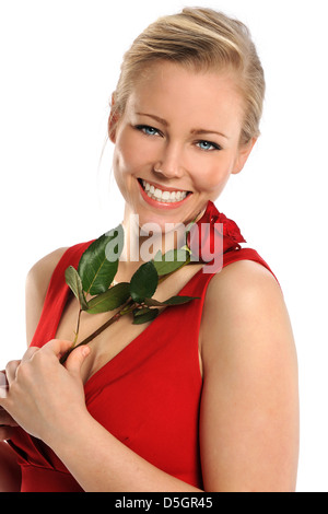Portrait of beautiful woman holding red rose isolated over white background Stock Photo