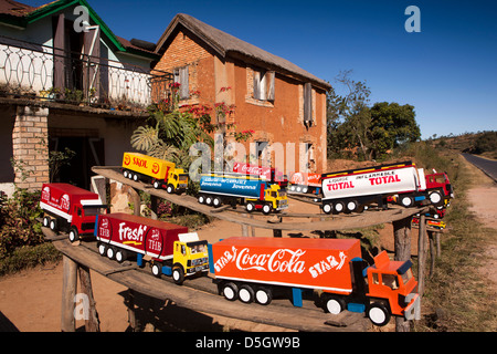 Madagascar, Ambatolampy, toy trucks made from tin cans for sale at roadside Stock Photo