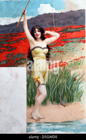 Girl with fishing tackle, pin-up style vintage postcard Stock Photo