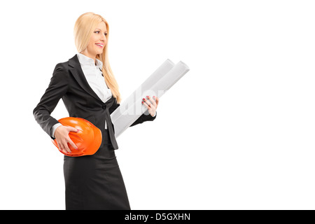 Female architect holding a helmet and a blueprint isolated against white background Stock Photo