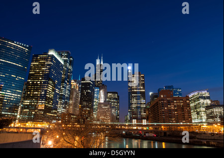 CHICAGO - MARCH 28: Night view of the Chicago, USA Skyline, including Willis Tower and the Boeing company on March 28, 2013. Stock Photo