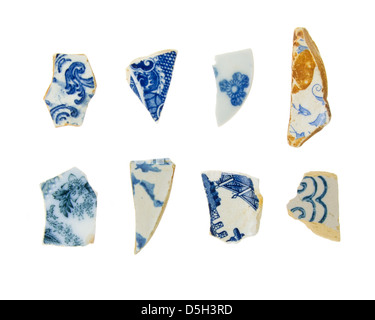 Eight pieces of blue-and-white sea china on a white background Stock Photo
