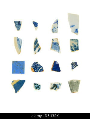 Sixteen pieces of blue-and-white sea china found on the shores of Mount Desert Island, Maine. Stock Photo
