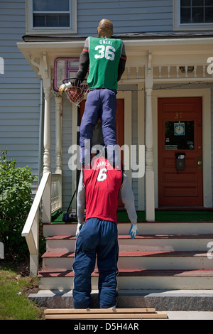 Halloween display of Shaquille O'Neal standing on shoulders of Lebron James in Boston, MA Stock Photo