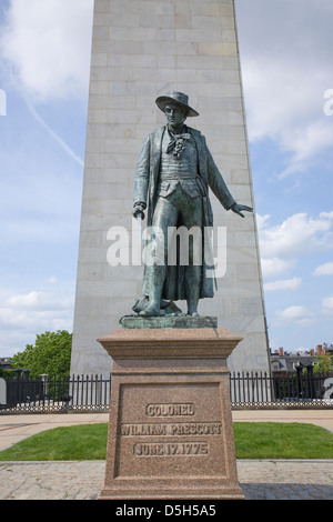 Statue Colonel Wiliam Prescott stands in front Bunker Hill Memorial. stands 221 feet tall Breed's Hill the site the first major Stock Photo