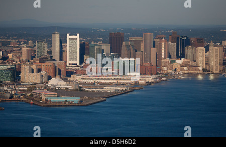 AERIAL morning view of Boston Skyline and Financial District and Wharf area, Boston, MA Stock Photo