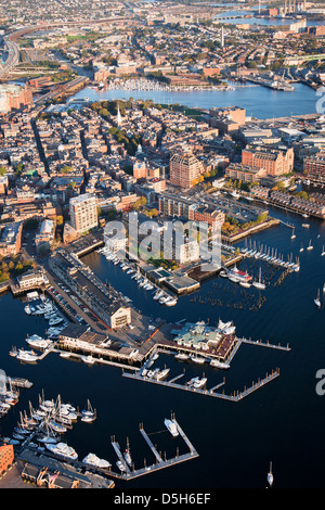 AERIAL of Boston Harbor area focusing on Leonard P. Zakim Bunker Hill Memorial Bridge, Boston, MA Stock Photo