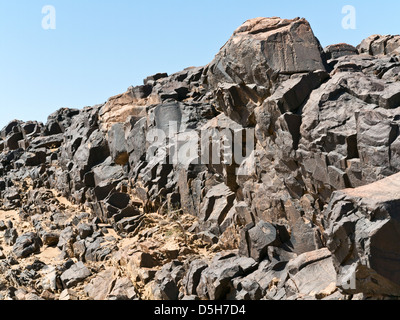 General view of the prehistoric rock carvings at Oued Mestakou on the Tata to Akka road in Morocco. Stock Photo