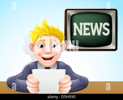 An illustration of a cartoon television news reader holding his notes in front of a screen reading news Stock Photo